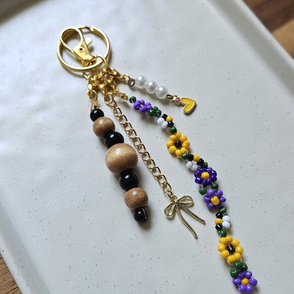 Floral Beaded Charm Keychain | Handmade Keyring with Wood Beads, Pearls, Bees - Picture 3 of 7